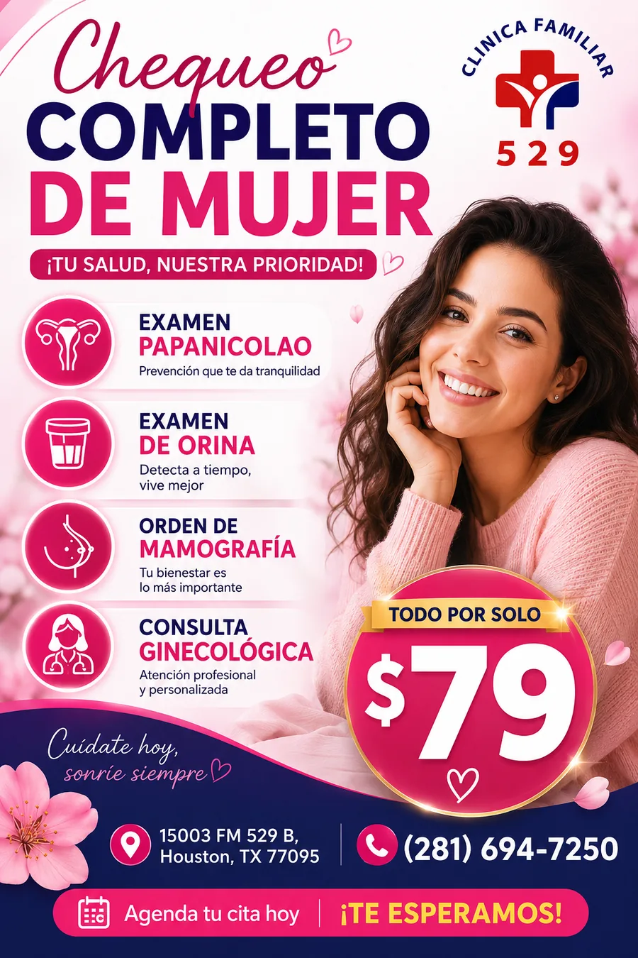 Promoción de chequeo completo de mujer por $79 con Papanicolaou, orina, orden de mamografía y consulta ginecológica en Clínica Hispana Familiar 529 Houston
