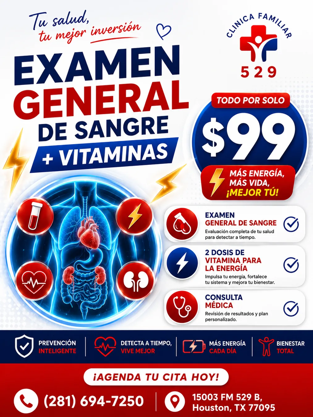 Promoción de examen general de sangre más vitaminas por $99 con consulta médica en Clínica Hispana Familiar 529 Houston